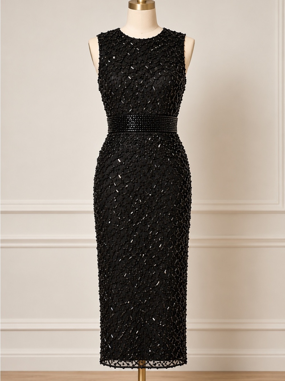 Mac Duggal Black Beaded Sequin Midi Sheath Dress NWT Size 2